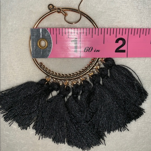 Gold hoop earrings w/ black tassels - Picture 2 of 4